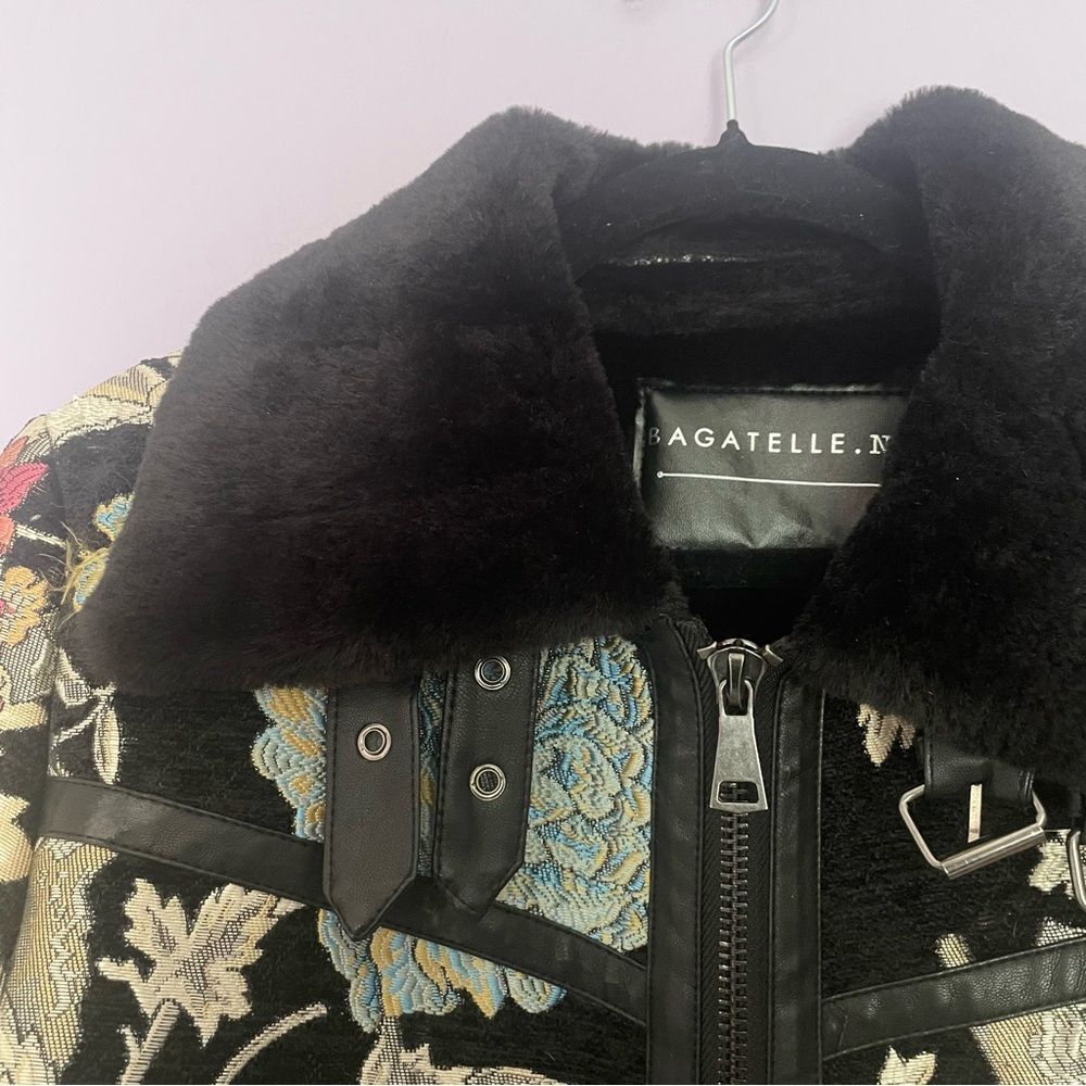 Bagatelle Black Floral Embroidered Jacket Faux Fur & Leather Trim - Picture 3 of 12